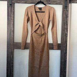 House Of Harlow 1960 Twist Front Long Sleeve Ribbed Knit Dress in Metallic